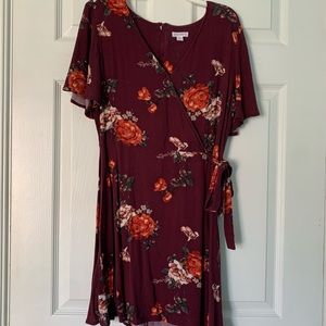 Xhilaration Maroon Wine Fall Autumn Floral Wrap Dress Sz M
